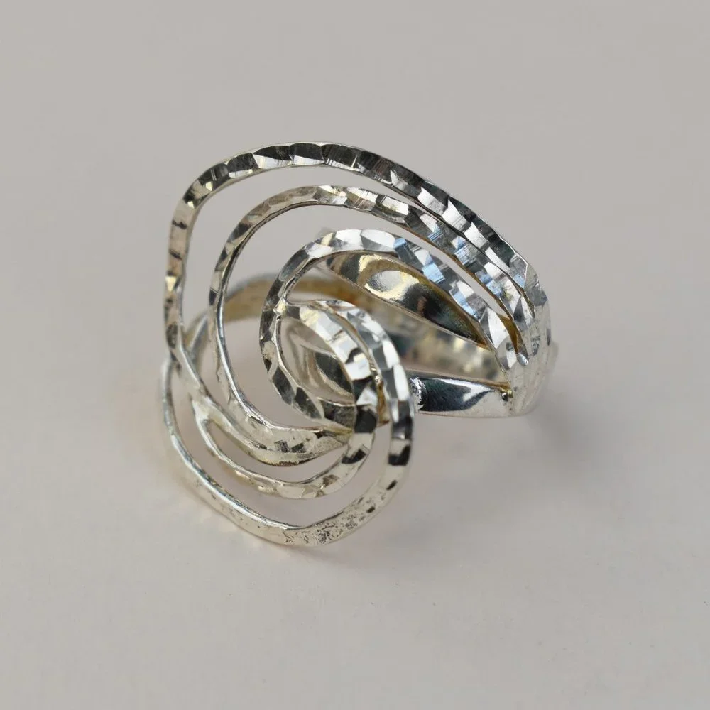 Bold extravagant silver ring for women, unusual large stoneless ring size 6 US